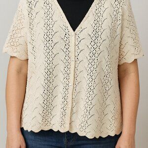 A Sweater Tale Cream Crochet Button Down Sweater XL Cotton V-Neck